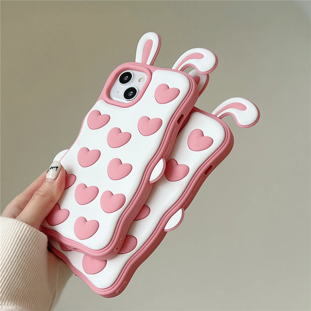 Ins koreai 3D-s rajzfilm nyúl füle rózsaszín szerelmes lány ajándék szilikon telefon tok iPhone 14Pro Max 12 Pro 13-As Pro Max Aranyos, puha borító