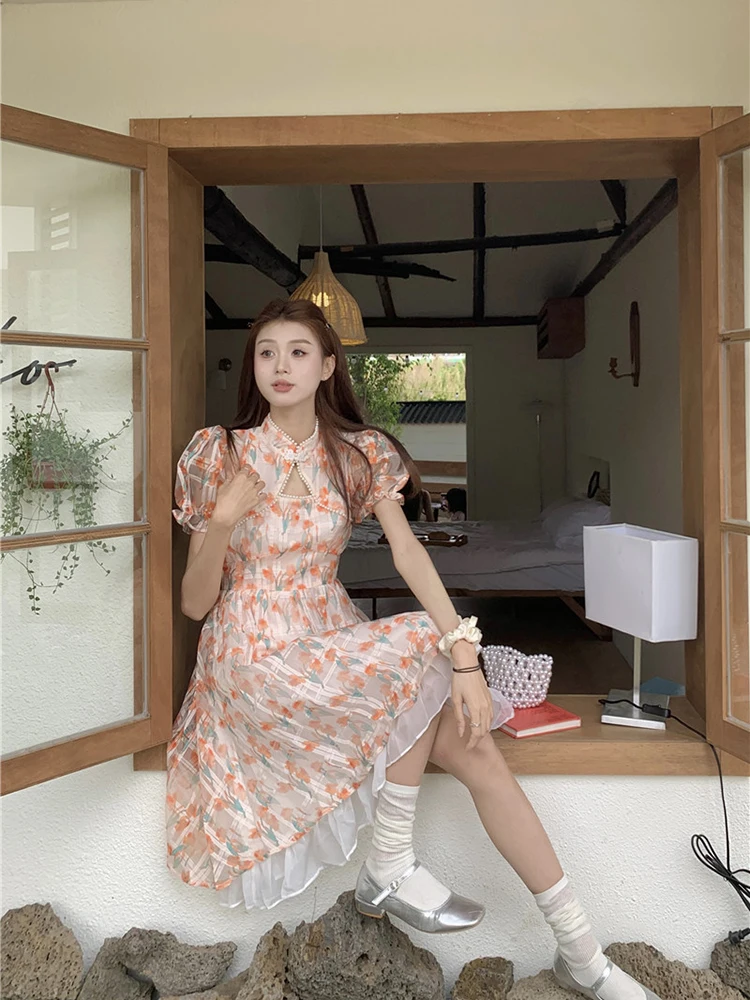 Női Nyári Ruha koreai Verzió Töredezett Buborék Ujjú, Üreges Pearl Design, Kiváló Minőségű, Rövid Ujjú, Egy-vonal Ruha D3696