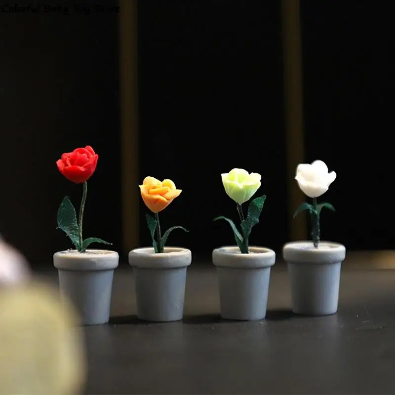 1:12 Babaház Mini Cserepes Növény Rose Virágcserép Bonsai Modell Otthon Kert Dekoráció, Baba Ház, Tartozékok