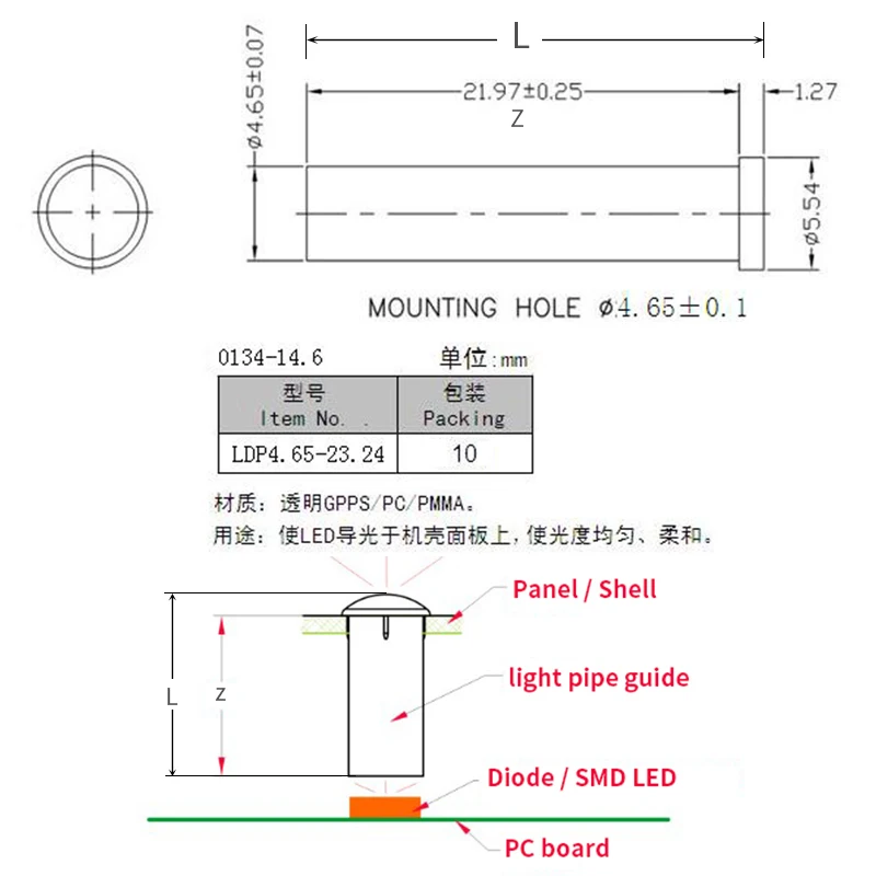 10PC Világos színű diameter4.65mm, hossz 23.24 MM Fény A Cső 4,6 MM Led Dióda LED Cső Lámpaernyő Cserélje ki LDP4.65-23.24