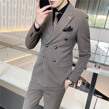 2023 Új férfi (öltöny + mellény + nadrág) divat trend jóképű high-end sötét csíkos egyetlen gombot öltöny, öltöny ajándék