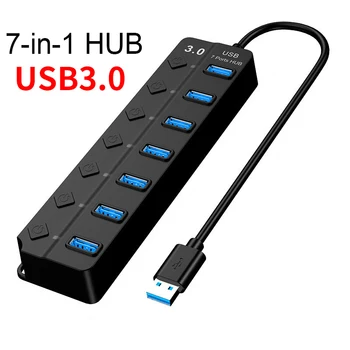USB 3.0 Hub nagysebességű Multi USB Elosztó 7 Port 3 Hab Adapter Gyors Töltés Kapcsoló Hosszú Kábel-Több Bővítő
