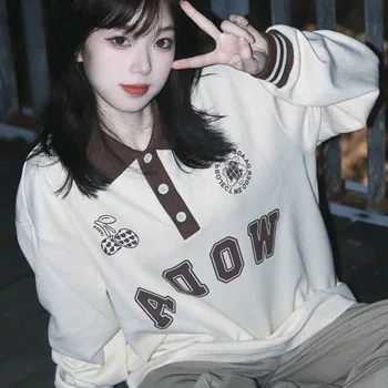 Évjárat Preppy Stílus Levelet Bézs Pulóvert Nők Koreai Divat Póló Kapucnis Harajuku Streetwear Túlméretes Melegítőben