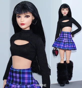 Fekete póló + kék rács szoknya / ruha készlet / 30 cm-es baba ruha őszi viselnek ruhát 1/6 Xinyi Fr2 ST Barbie Baba