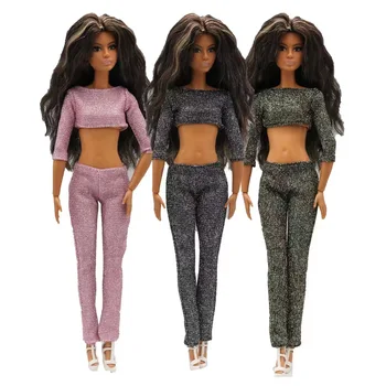 Fényes 1/6 Baba Ruhák Barbie Ruhák Meghatározott Barbie Ruha Hosszú Ujjú Crop Top Nadrág 11.5