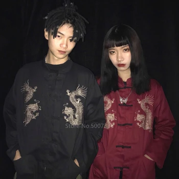 A kínai Hagyományos Ruházat Sárkány Hímzéssel Tang Öltöny Kabát Női Férfi Streeatwear Kimonó Vintage Blúz Párok Felső