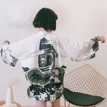 Sárkány Japán Aranyos Lány Kimonó Aisan Ruhák Női Kardigán, Fehér Fekete Nyomtatási Haori Stílusú Japán Yukata Női Klasszikus Luxus