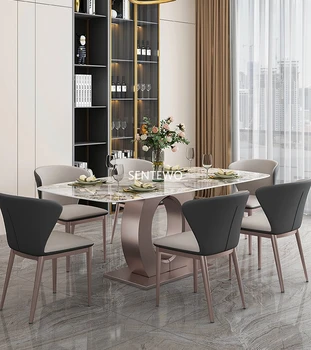 Tervező Luxus ebédlő Márvány Kő Födém étkezési terített asztal 4 szék fennsík comedor bútor marbre Rozsdamentes acél arany bázis