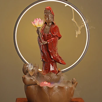 Avalokitesvara Áramló Víz Díszek Kínál Haza Buddha Lotus Bázis Dekoráció a világító Gyűrű