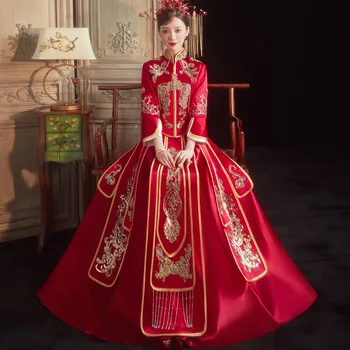 A nők Bankett Menyasszony Ruha Kínai Hagyományos Esküvői Mandarin Gallér, háromnegyedes Ujjú, Hímzett Cheongsam китайская одежда
