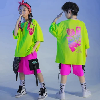 A gyerekek Kpop rave Ruhák Hip Hop Ruházat Zöld Tshirt Maximum Nyári Cargo Nadrág Streetwear A Lány, Fiú, Tánc, Jelmez Ruha