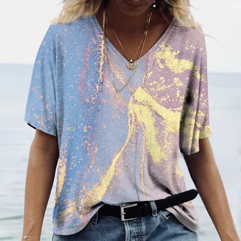 2023 Nyári Gradiens Nyakkendő festett Minta Prémium Női póló Aranyozott Nyomtatás Renderelés Alkalmi Hétvégén Alap V-nyakú Póló Lányoknak