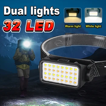 Ultra LED Fényszóró Kettős Fények 32LED Halászati Töltés USB Újratölthető Fej Lámpa 5 Módok Kemping Erős Fejét Lanterna-EDC