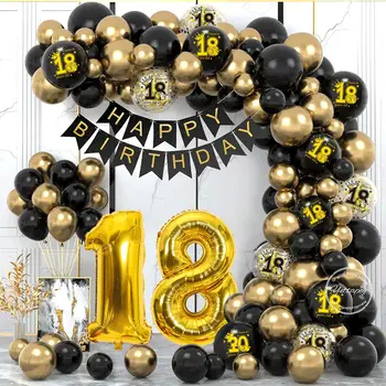 Fekete-Arany 18 30 40 50 60 Boldog Szülinapi Lufi Arche Ballon Party Dekoráció Anniversaire Globos Decorativos Para Fiesta