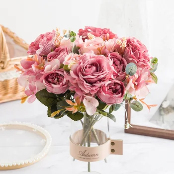 Gyönyörű Hortenzia, Rózsa Mesterséges Virágokat, Otthoni Esküvői Dekoráció Kiváló Minőségű Őszi Csokor Mousse Bazsarózsa Hamis Virág